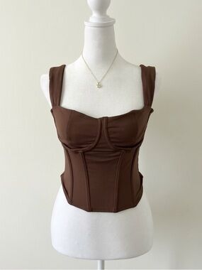 ReoRia Chocolate Brown Corset Bustier Crop Top Structured Wide Strap Fitted Top